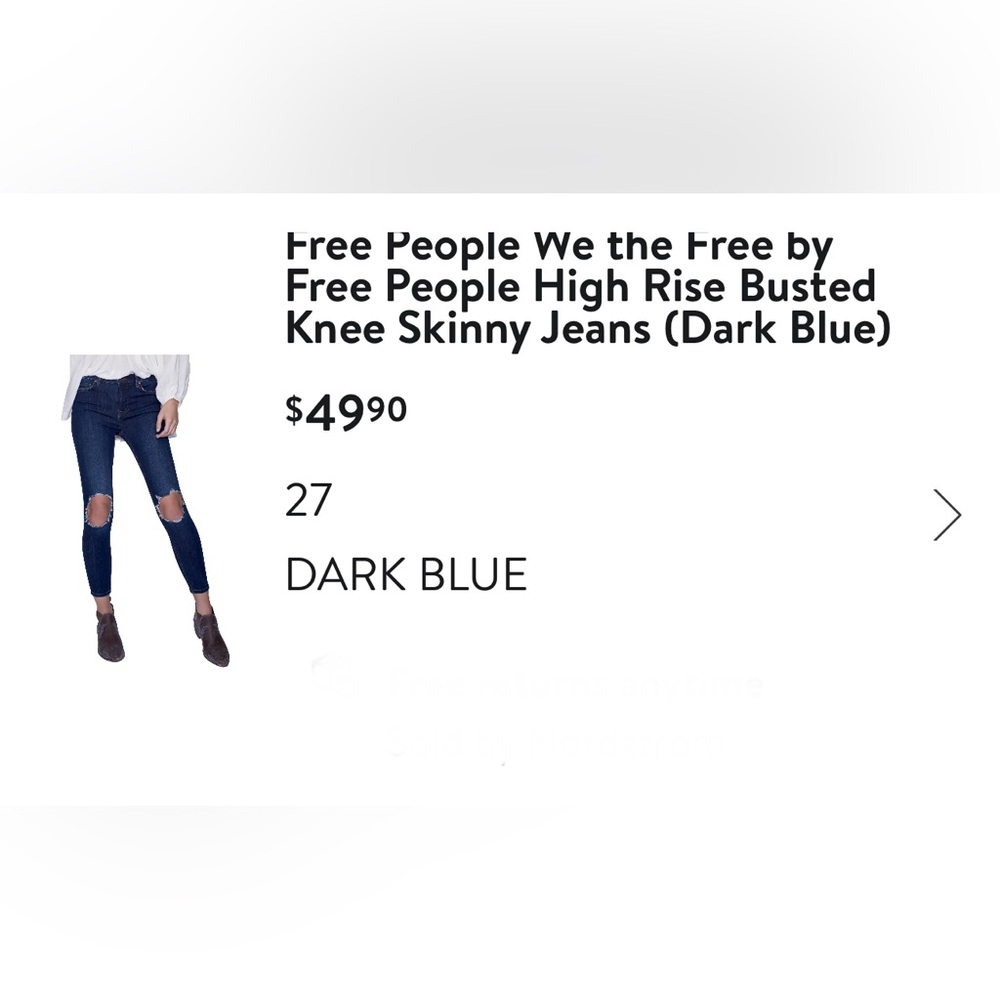 Free People - dark wash skinny jean with knee rips in each leg.